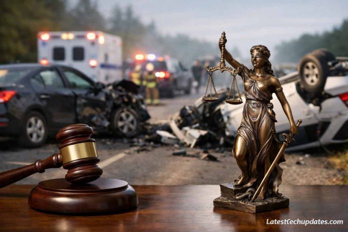 Lady Justice and gavel in front of a fatal car accident scene