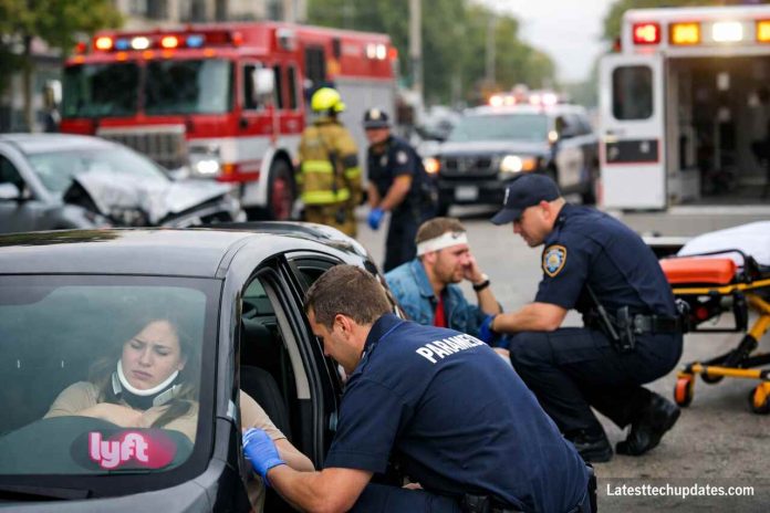 Paramedics assist injured Lyft passenger after accident with police and ambulance on scene.