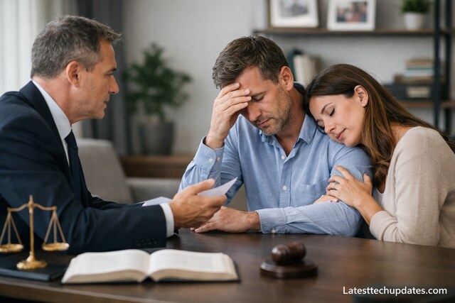 Lawyer supporting a grieving couple in wrongful death case discussion.