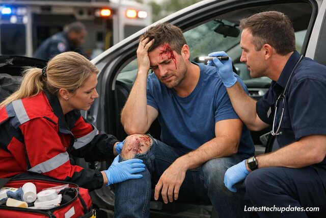 Injured man treated by paramedics after car accident