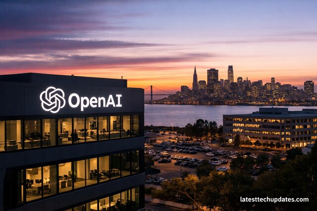 OpenAI headquarters at sunset with San Francisco skyline in background.
