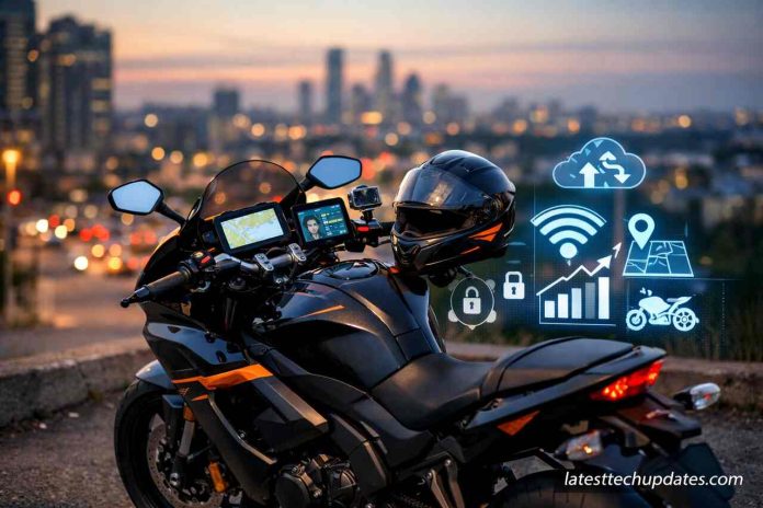 Sport motorcycle with digital tech features and futuristic HUD icons