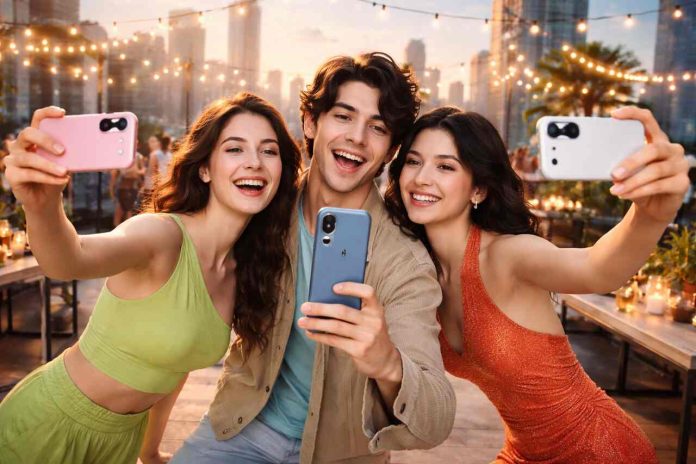 Friends taking selfies with Oppo Reno15 phones on a rooftop at sunset.