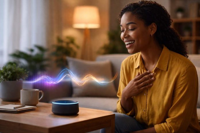 Woman using voice-activated AI assistant in living room