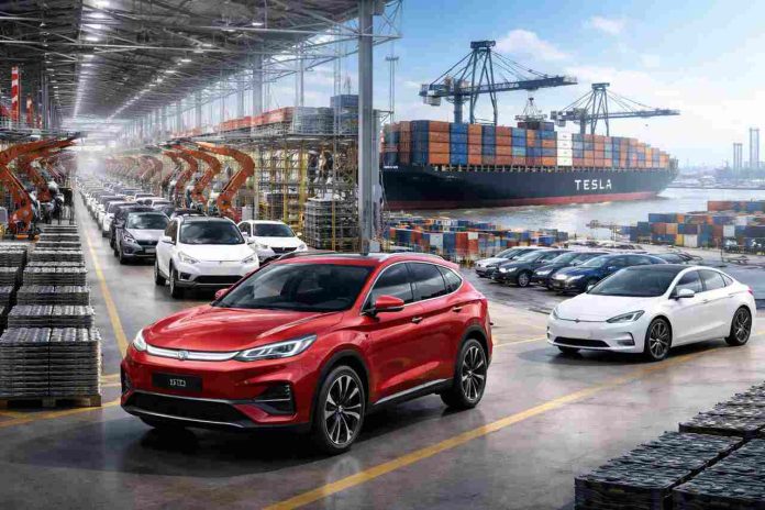 BYD EV assembly line and Tesla cargo ship showing global sales shift.