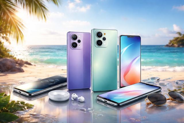 OPPO Reno15 phones displayed on a beach with accessories and ocean backdrop.