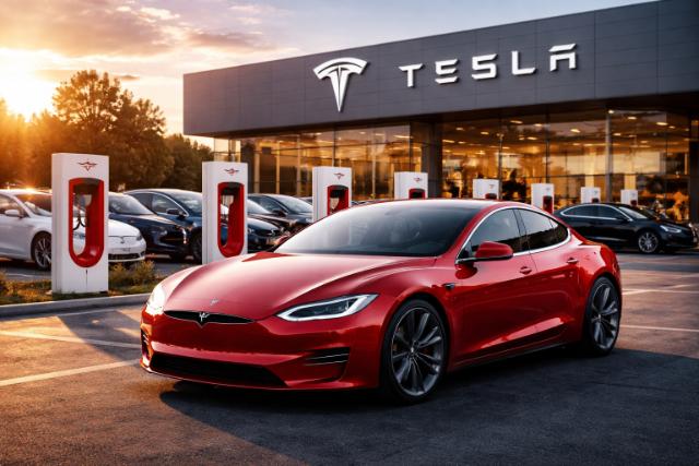 Red Tesla Model S charging at sunset in front of a Tesla showroom.