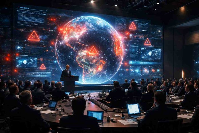Leaders discussing AI safety risks in a high-tech summit room.