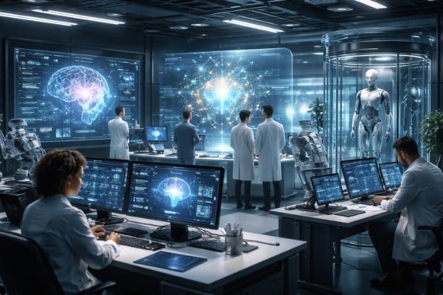 AI researchers working on AGI safety and alignment in a futuristic lab