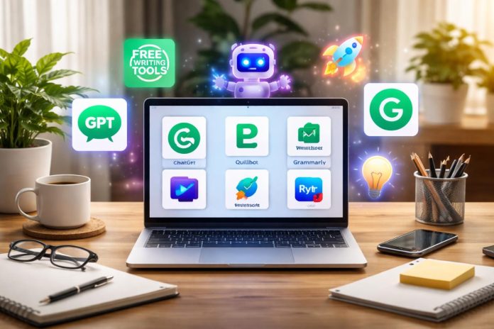 Laptop showing free AI writing tools like ChatGPT, Grammarly, and Quillbot on screen in a modern workspace.