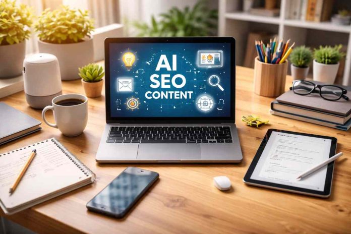 AI SEO content creation workspace with laptop and digital writing tools.