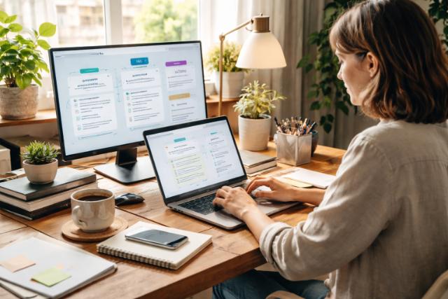Woman using AI writing tools at a home office desk.