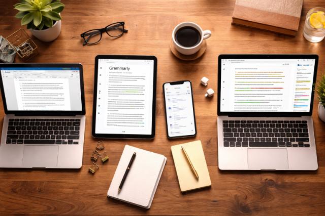 Writing tools comparison on various devices at a workspace