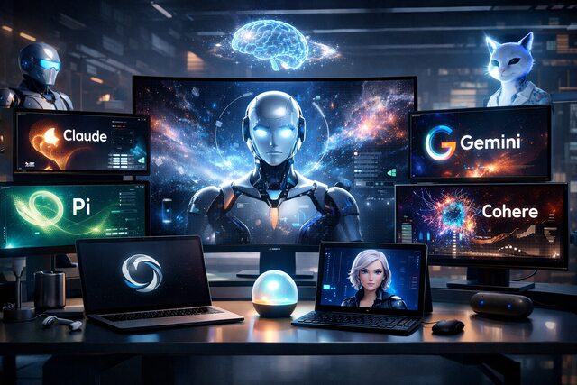 Futuristic AI workspace with various ChatGPT alternatives displayed on digital screens.