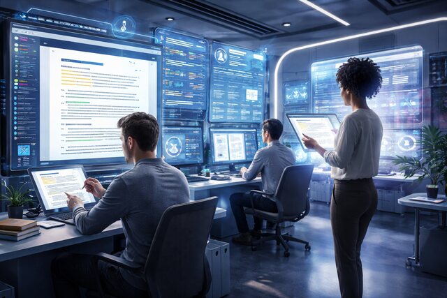 Futuristic team using AI tools for long-form content analysis in 2026.