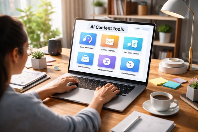 Woman using laptop to explore beginner AI content tools in a modern workspace.