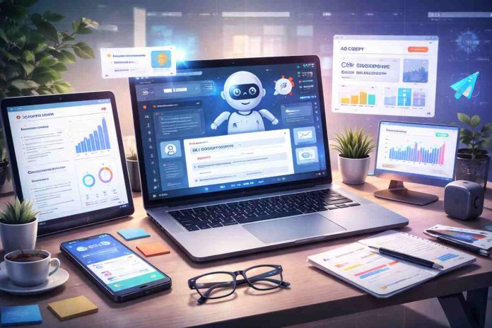 AI tools generating marketing and sales copy on digital screens.