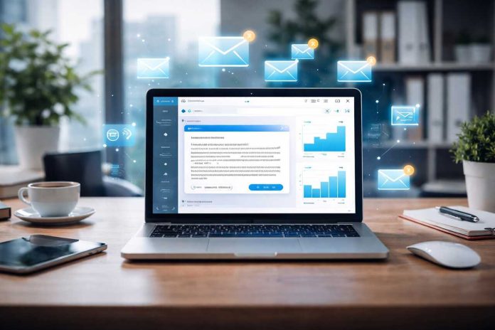 AI email dashboard with open and reply rate analytics on laptop in modern office