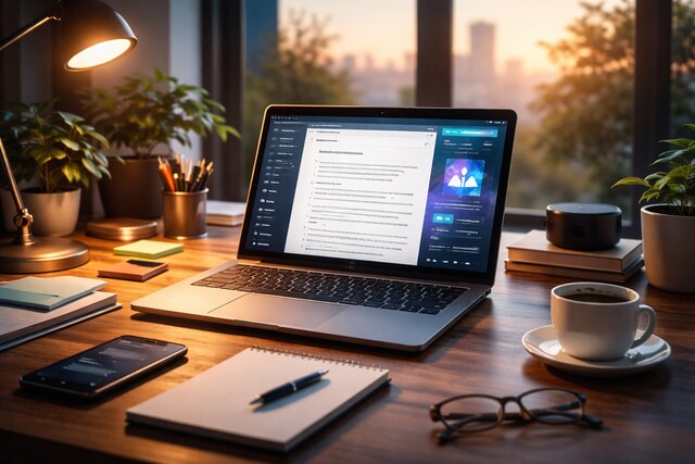 AI writing tool interface on laptop in modern workspace setup