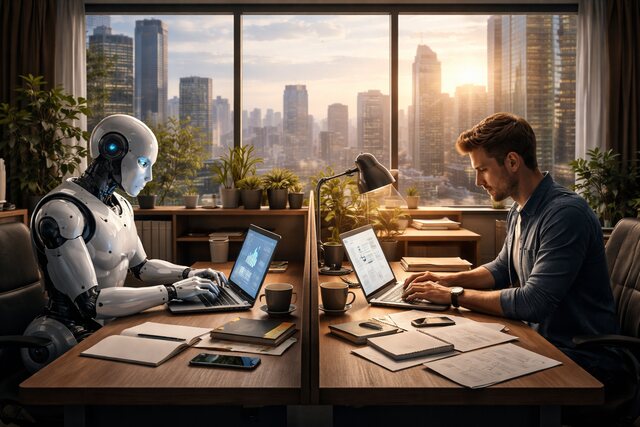 AI and human writer working side by side on laptops in an office setting.