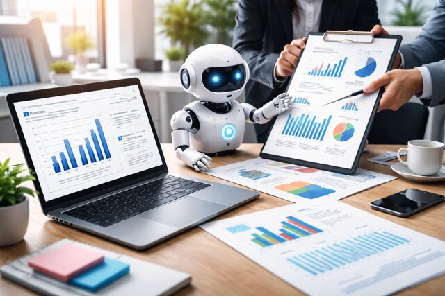 AI robot analyzing sales charts with marketers in modern office.
