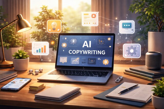 AI copywriting tools on a modern digital workspace setup.