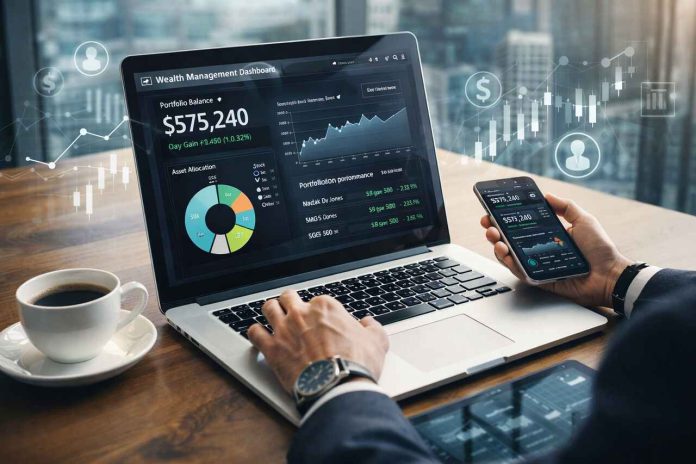 Investor using digital wealth platform on laptop and phone with financial data displayed.