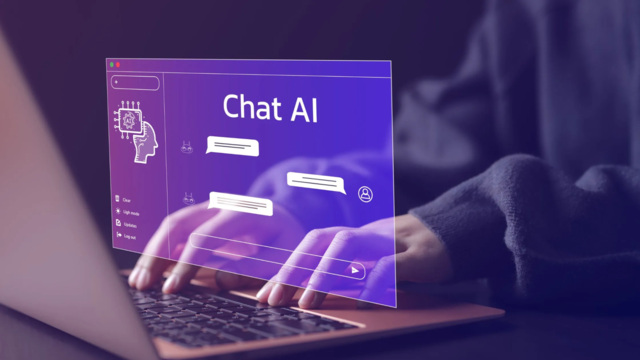 AI chatbot interface with virtual chat window on laptop screen