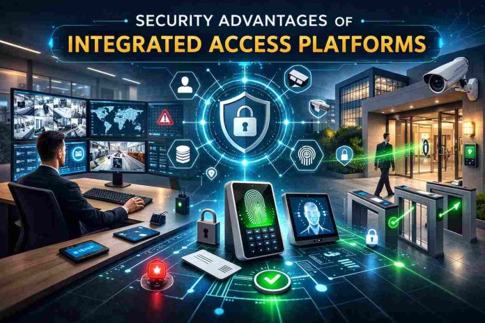 Integrated access platforms security control room with surveillance and biometric systems