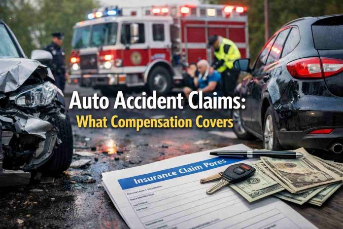 Auto accident scene showing vehicle damage and compensation concept