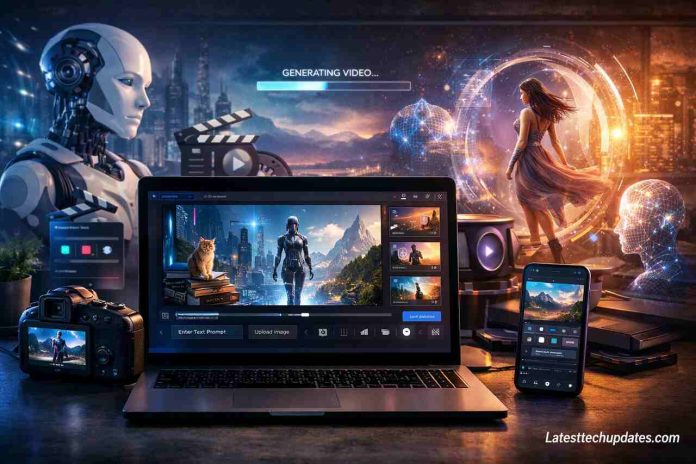 AI video creation tools with futuristic laptop and digital workspace