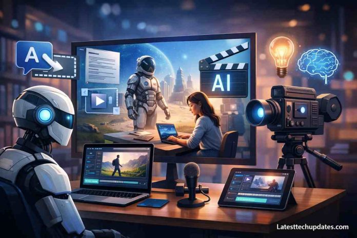 Robot editing video using AI tools in a futuristic workspace.