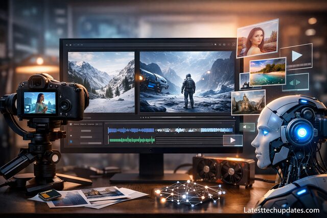 AI video generation setup with camera, monitor, and robot viewer