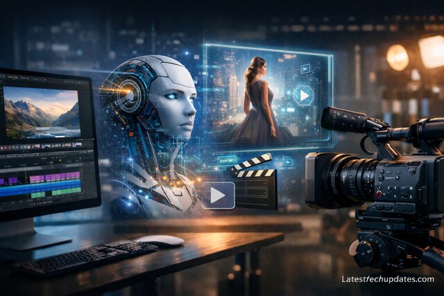 AI robot with video editing setup and digital interface for AI video creation.