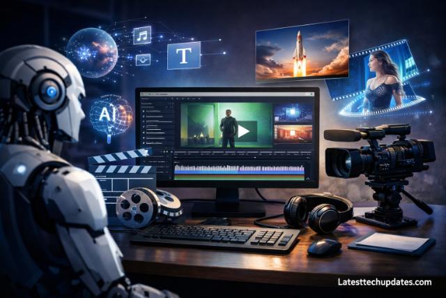 AI robot editing video using text-to-video technology in high-tech workspace.