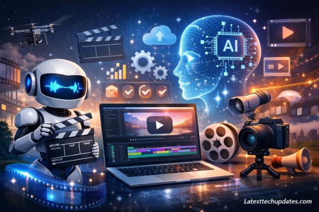 Text-to-video AI tool features with robot, laptop, and editing icons
