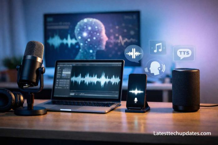 AI voice generator tools setup with microphone and audio software