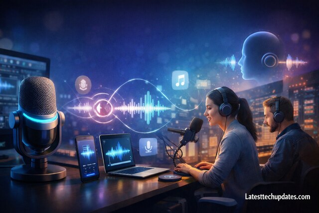 Businesses and creators using AI voice generators in a modern studio setup