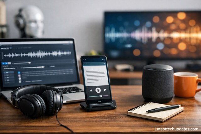 AI text-to-speech tools on laptop and smartphone setup