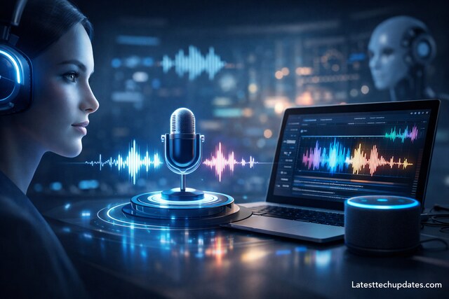 AI text-to-speech technology with digital voice assistant and sound wave interface
