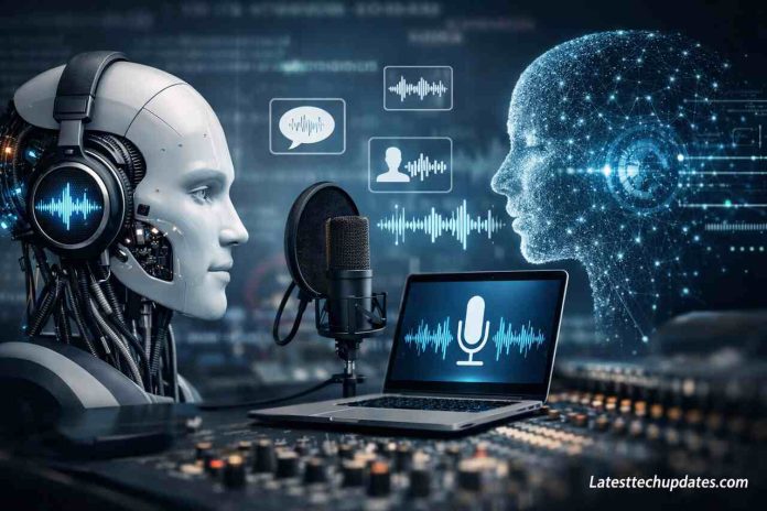 AI voice cloning technology with robotic head and audio waveform