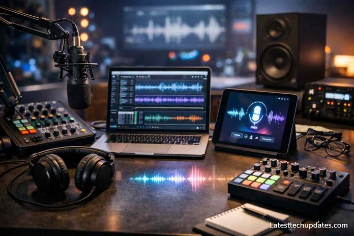 AI podcast creation and editing tools setup with professional audio equipment