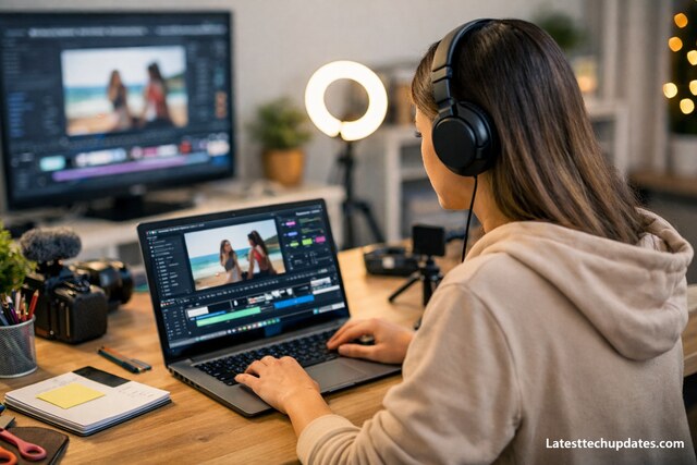 Beginner using Canva for video editing on a laptop