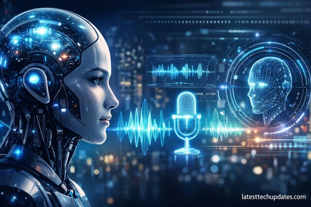 AI voice cloning technology with digital sound waves interface