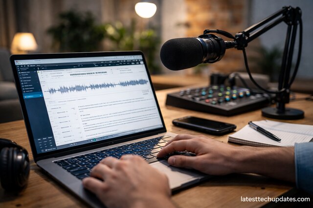 Text-based editing workflow in podcast post-production studio setup