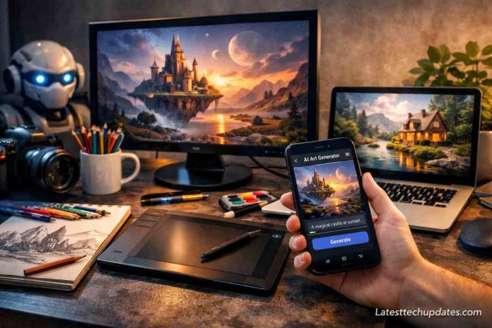 AI tools creating digital images on devices in a creative workspace.