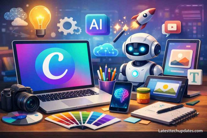 AI tools and Canva design workspace with tech gadgets and robot assistants.