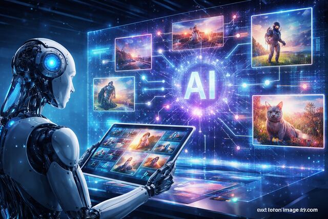 Robot analyzing AI-generated images on a digital screen in a futuristic lab.