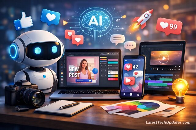 AI robot creating social media content with devices and digital tools.