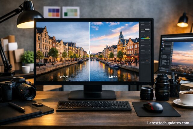 AI-enhanced image comparison on designer’s desk setup